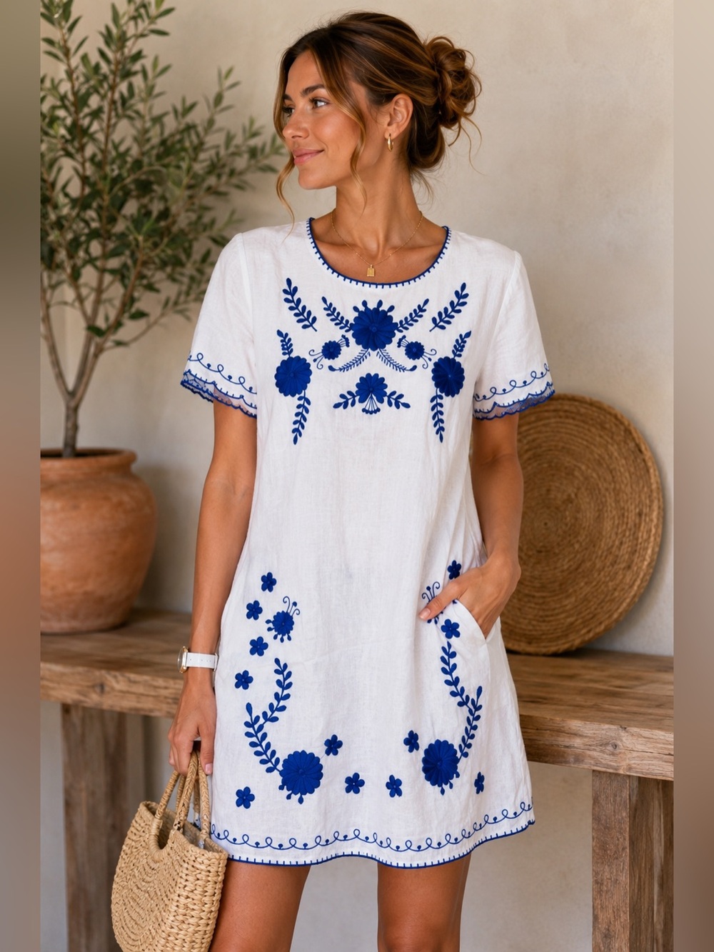 Zara Linen Embroidered Mini Dress White Blue Boho Coastal Large